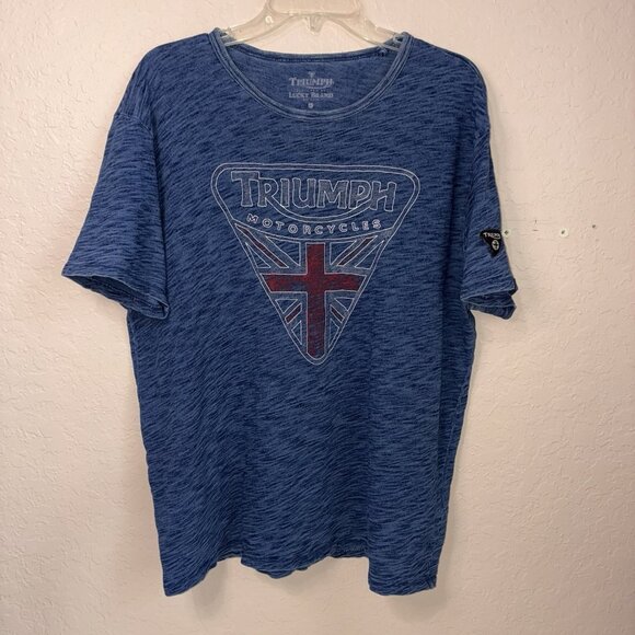 Triumph Lucky Brand Mens XL Shirt Short Sleeve Blue Burnout Graphic Logo Patch - Picture 2 of 9